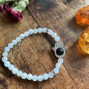 Rainbow Moonstone Bracelet with Hamsa Charm & obsidian bead